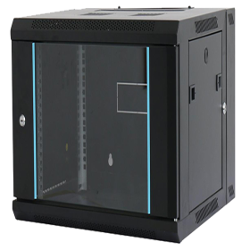 Coffret mural 19" 12U 600 x 600 Pivotant Vitré avec bordure en arc perforé en nid d'abeille- Noir